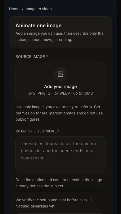 Blinkvid image-to-video page showing the source image upload and motion direction fields