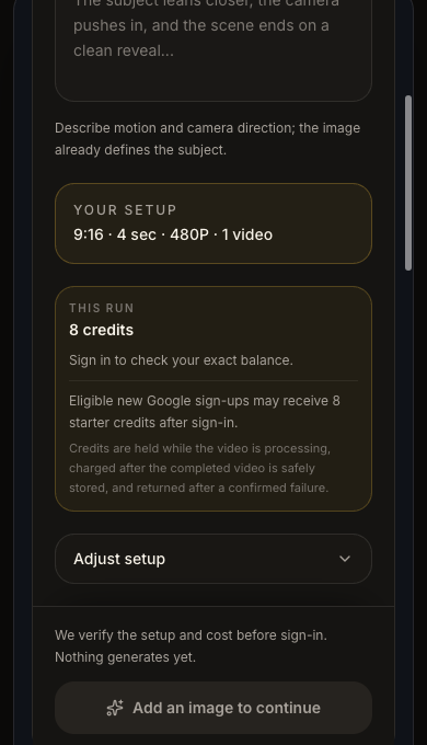 Blinkvid mobile setup summary showing a 9 by 16 four-second 480P video and an eight-credit quote