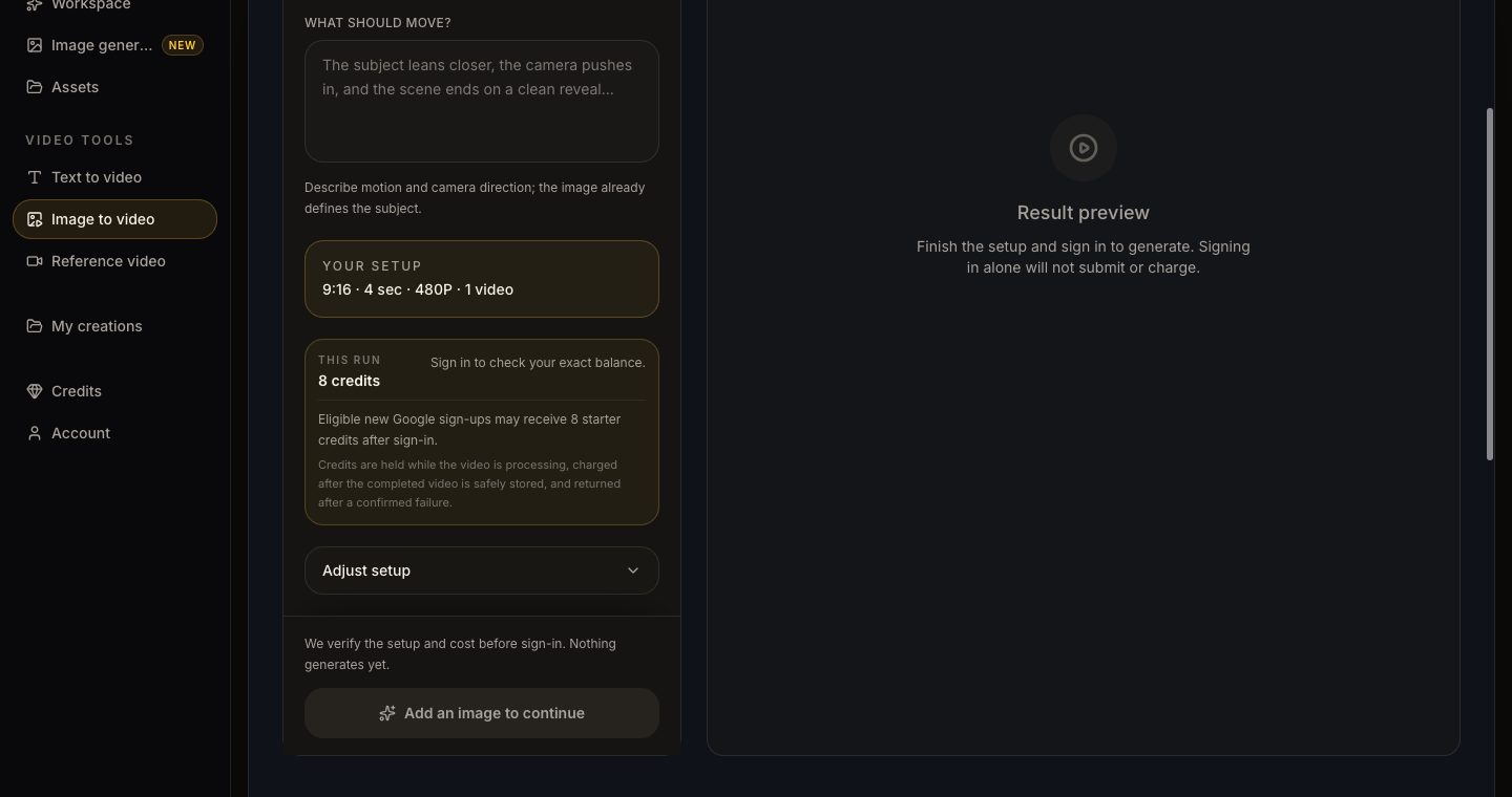 Blinkvid desktop image-to-video workspace with setup, credit quote, and result preview